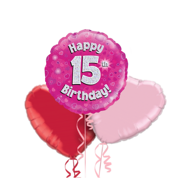 Happy Birthday 15th Pink Foil Balloon Bouquet