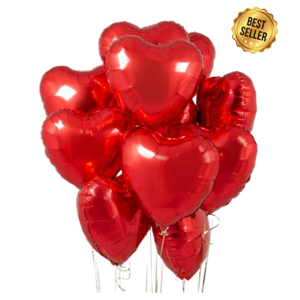 Ten Red Heart Foil Balloons