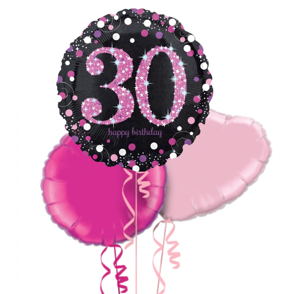 Happy 30th Birthday Pink & Black Holographic Balloon Bouquet