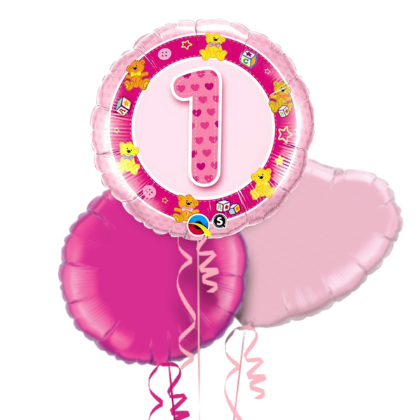 1st Birthday Teddy Bears Pink Balloon Bouquet