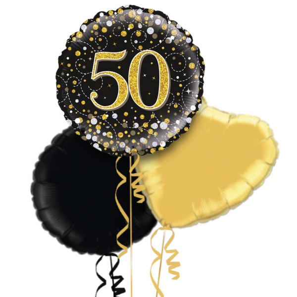 Happy 50th Birthday Black & Gold Holographic Balloon Bouquet