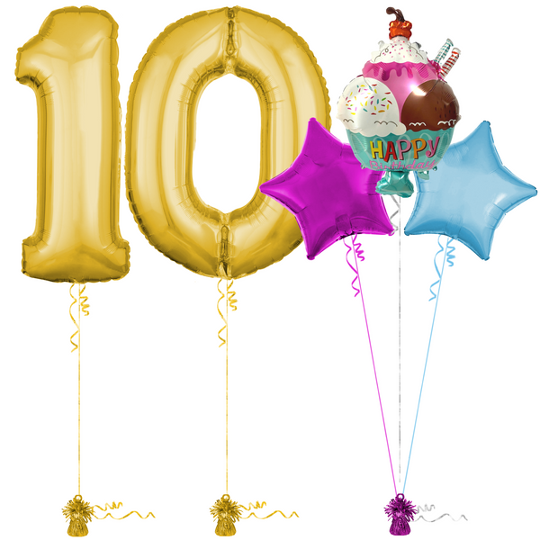 Gold 10th Birthday Balloon Bouquet Set