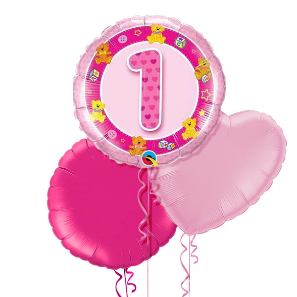 1st Birthday Teddy Bears Pink Balloon Bouquet