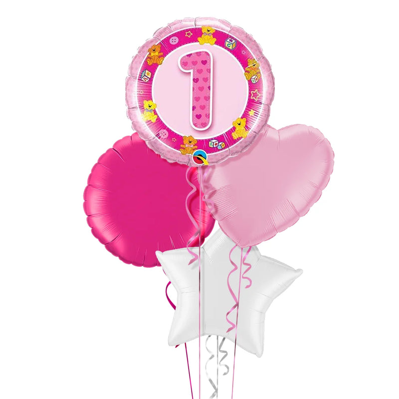1st Birthday Teddy Bears Pink Balloon Bouquet