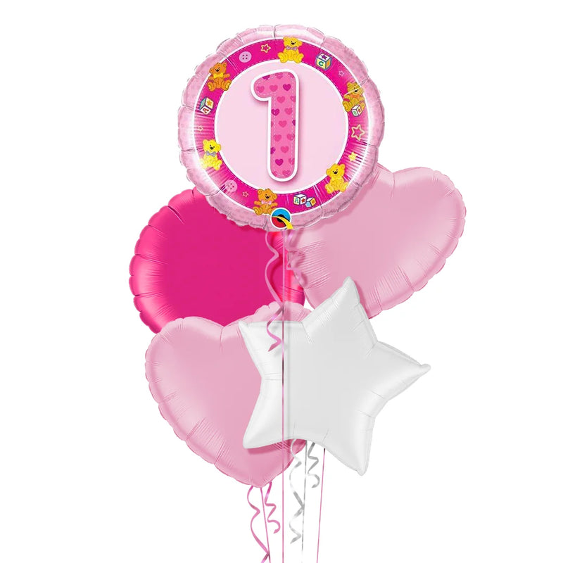1st Birthday Teddy Bears Pink Balloon Bouquet