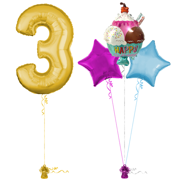 Gold 3rd Birthday Balloon Bouquet Set