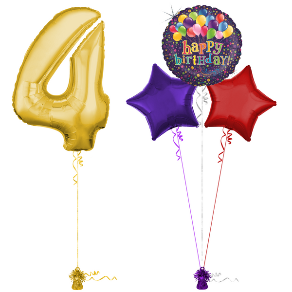 Gold 4th Birthday Balloon Bouquet Set