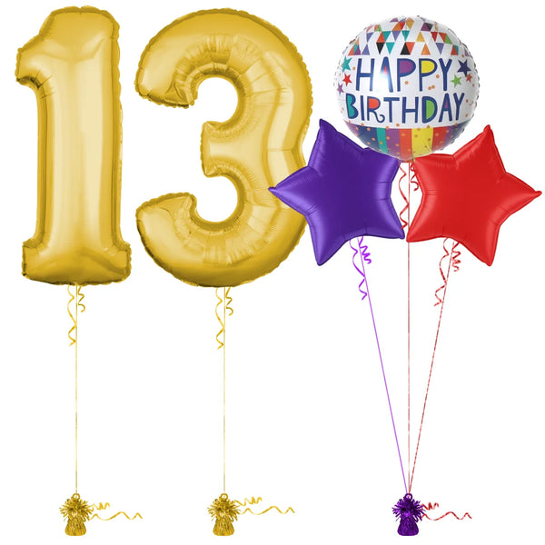 Gold 13th Birthday Balloon Bouquet Set