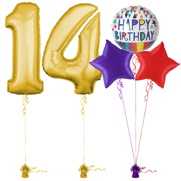 Gold 14th Birthday Balloon Bouquet Set