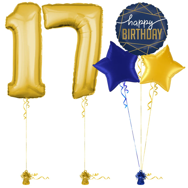 Gold 17th Birthday Balloon Bouquet Set