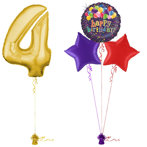 Gold 4th Birthday Balloon Bouquet Set