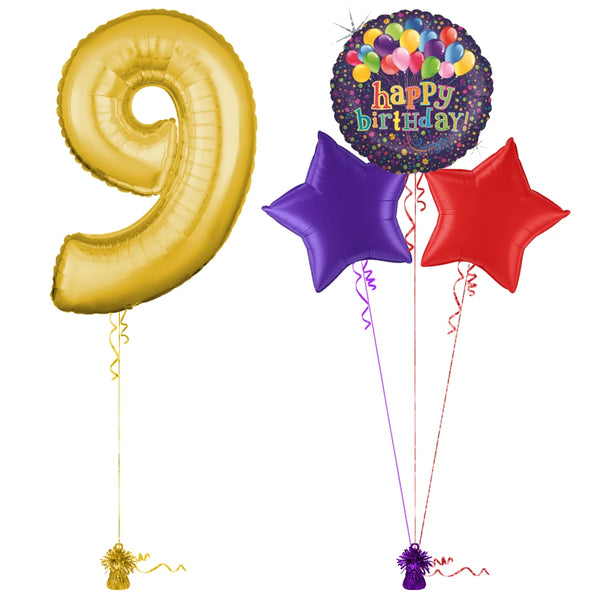 Gold 9th Birthday Balloon Bouquet Set