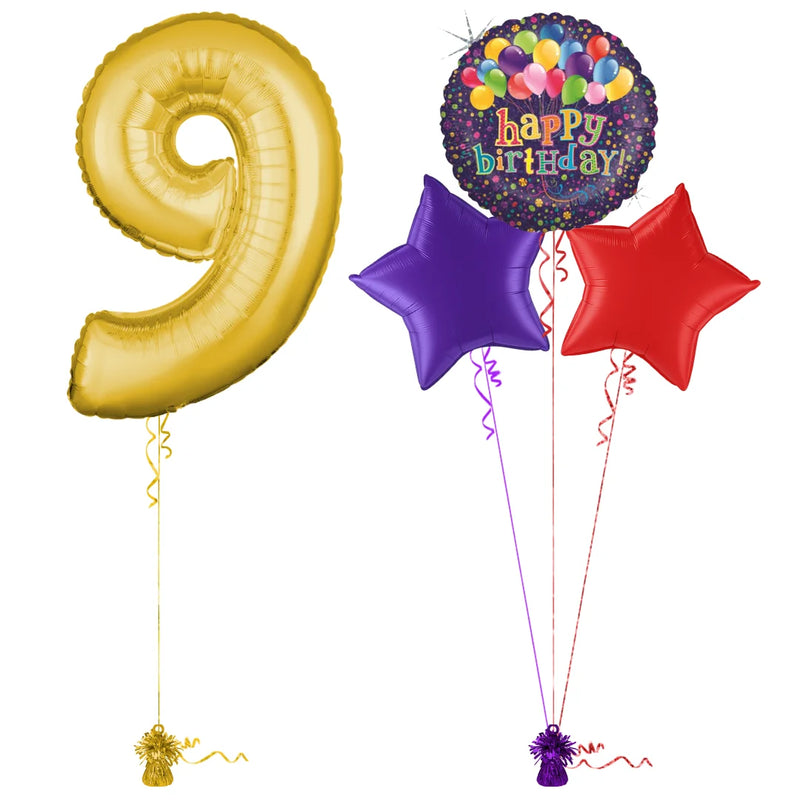 Gold 9th Birthday Balloon Bouquet Set