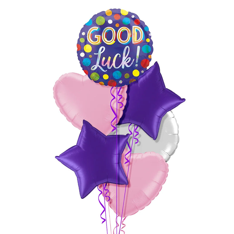 Good Luck Purple and Colourful Dots Foil Balloon Bouquet