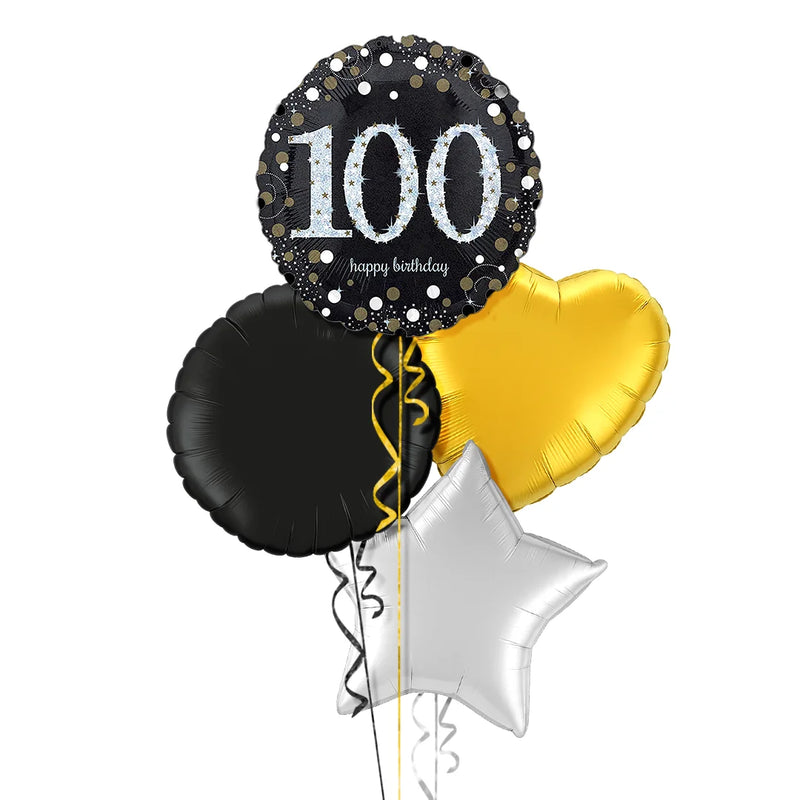 Happy 100th Birthday Black and Silver Holographic Balloon Bouquet