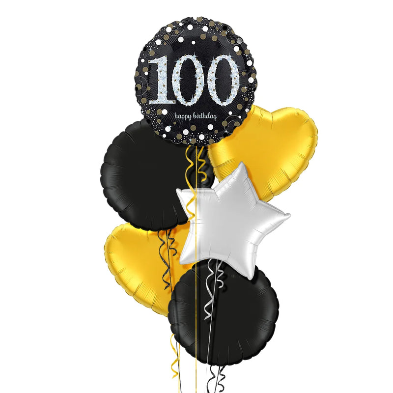 Happy 100th Birthday Black and Silver Holographic Balloon Bouquet