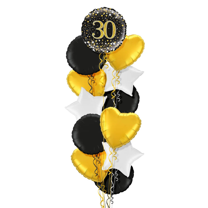Happy 30th Birthday Black and Gold Holographic Balloon Bouquet