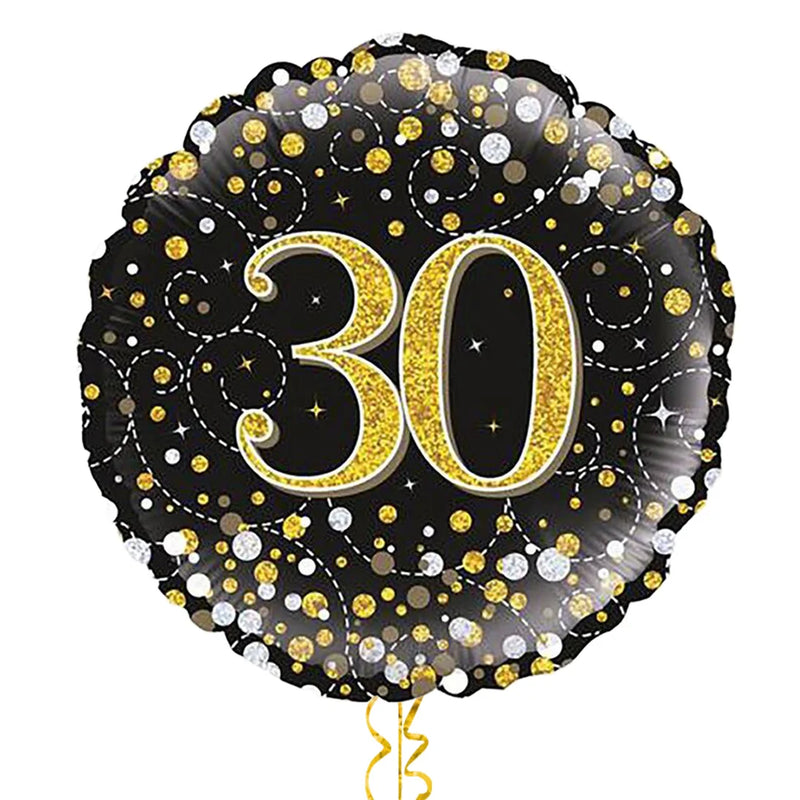 Happy 30th Birthday Black and Gold Holographic Balloon Bouquet