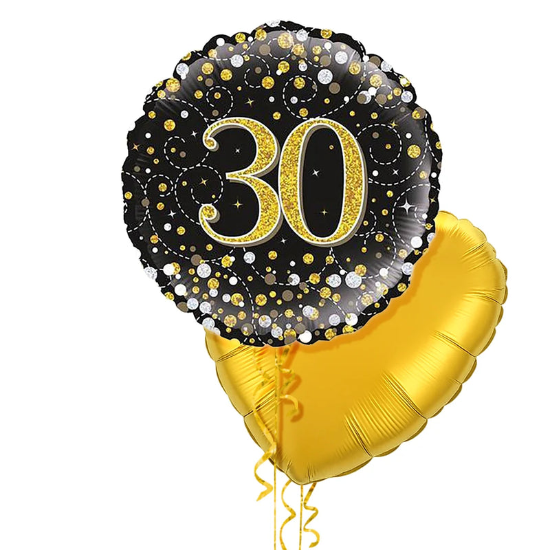 Happy 30th Birthday Black and Gold Holographic Balloon Bouquet