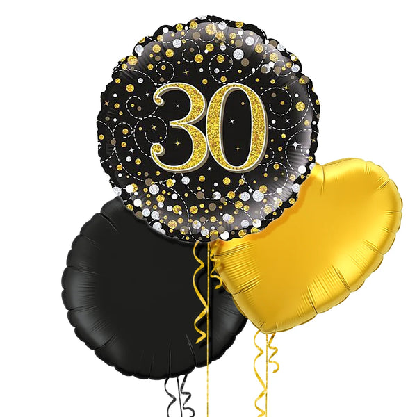 Happy 30th Birthday Black and Gold Holographic Balloon Bouquet