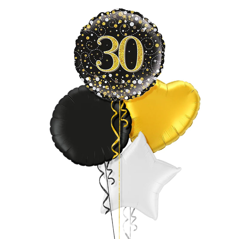 Happy 30th Birthday Black and Gold Holographic Balloon Bouquet