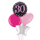 Happy 30th Birthday Pink and Black Holographic Balloon Bouquet