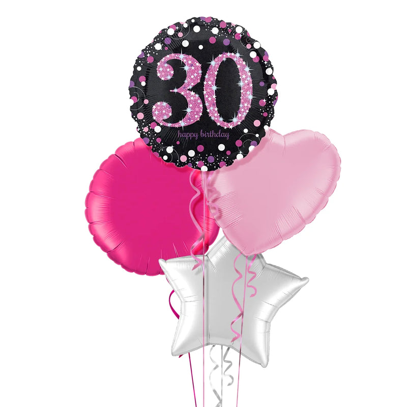 Happy 30th Birthday Pink and Black Holographic Balloon Bouquet