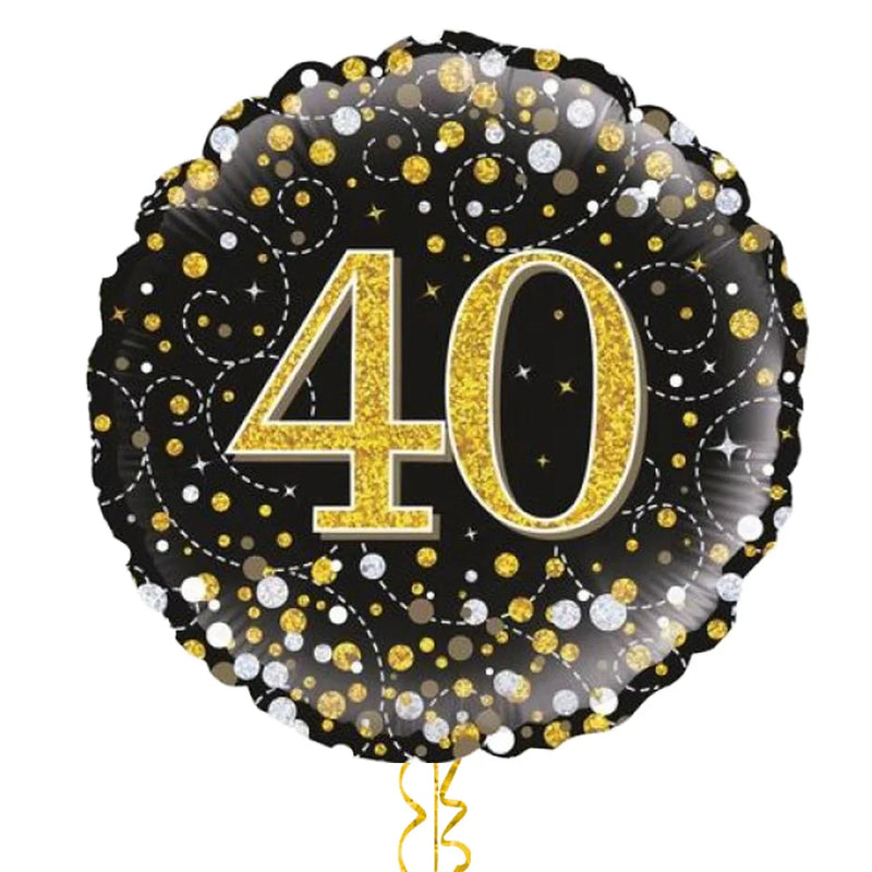 Happy 40th Birthday Black and Gold Holographic Balloon Bouquet