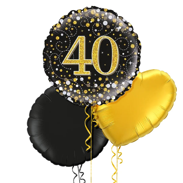 Happy 40th Birthday Black and Gold Holographic Balloon Bouquet