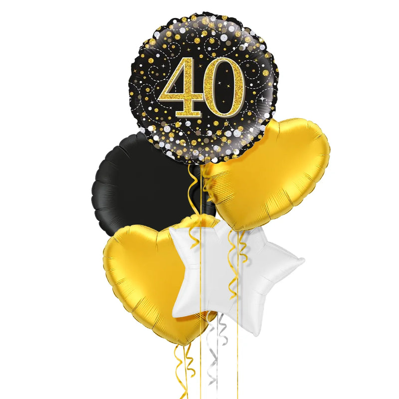 Happy 40th Birthday Black and Gold Holographic Balloon Bouquet