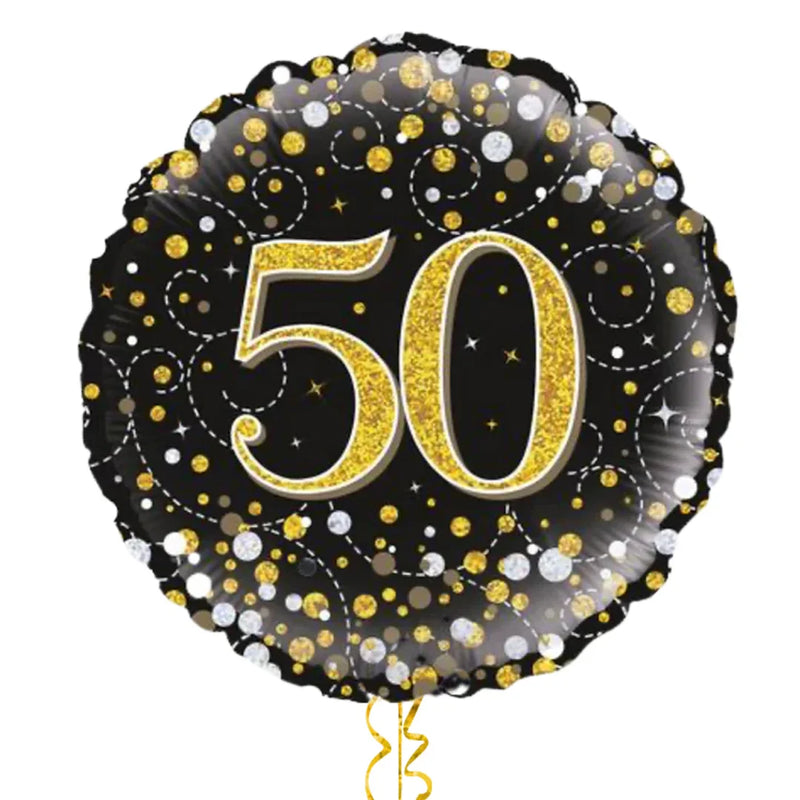 Happy 50th Birthday Black and Gold Holographic Balloon Bouquet
