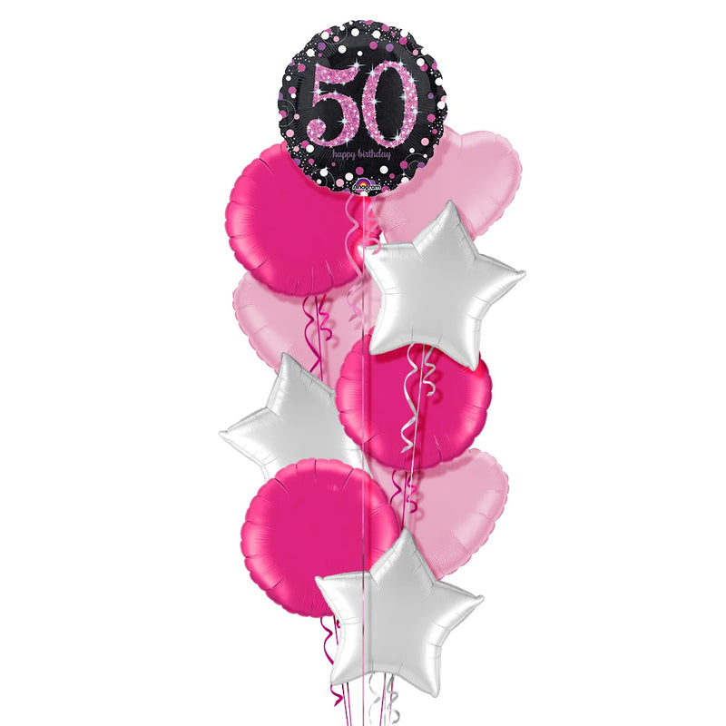 Happy 50th Birthday Pink and Black Holographic Balloon Bouquet