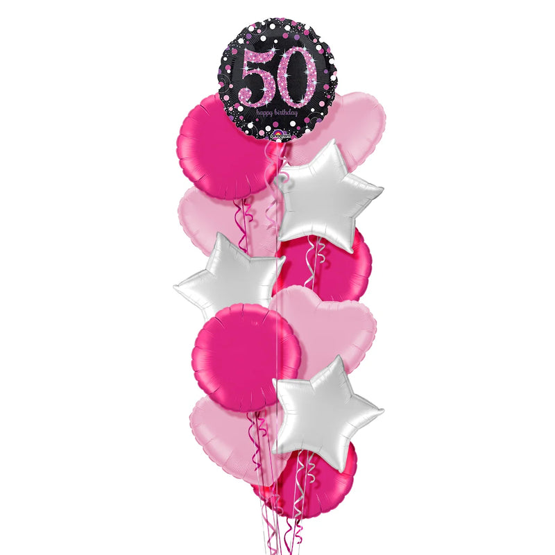 Happy 50th Birthday Pink and Black Holographic Balloon Bouquet