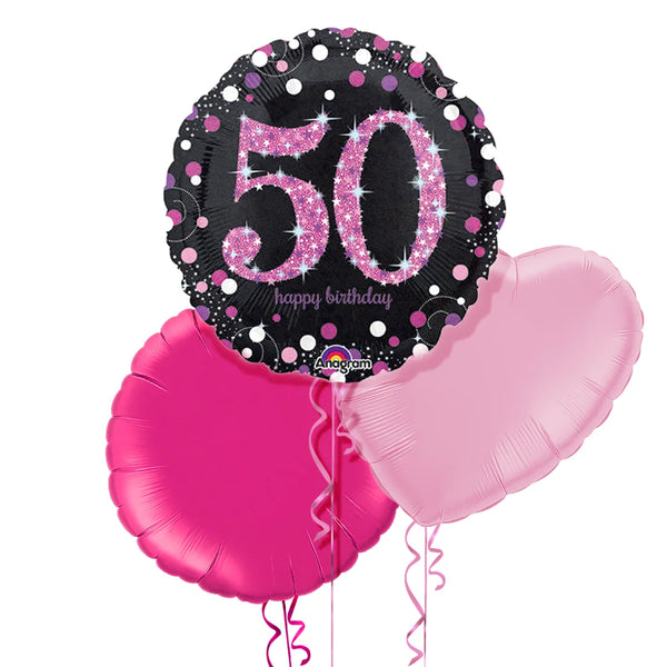 Happy 50th Birthday Pink and Black Holographic Balloon Bouquet