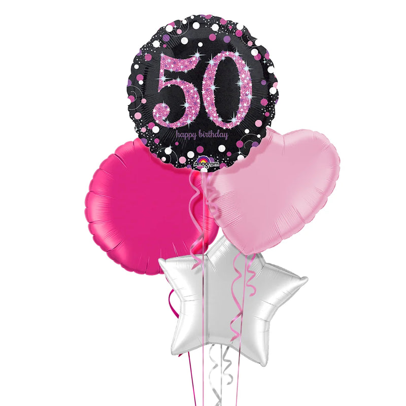 Happy 50th Birthday Pink and Black Holographic Balloon Bouquet