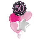 Happy 50th Birthday Pink and Black Holographic Balloon Bouquet