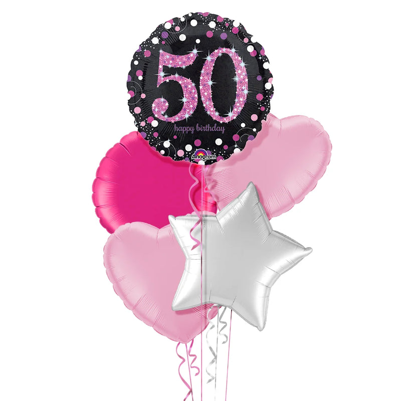 Happy 50th Birthday Pink and Black Holographic Balloon Bouquet