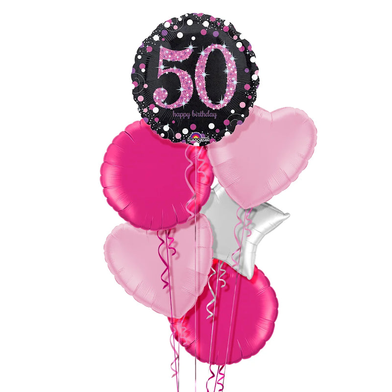 Happy 50th Birthday Pink and Black Holographic Balloon Bouquet
