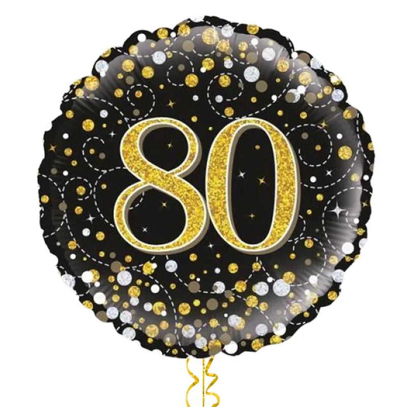 Happy 80th Birthday Black and Gold Holographic Balloon Bouquet