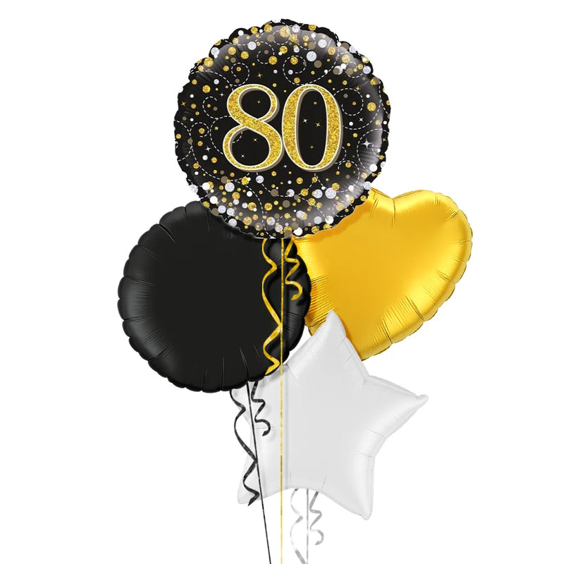 Happy 80th Birthday Black and Gold Holographic Balloon Bouquet