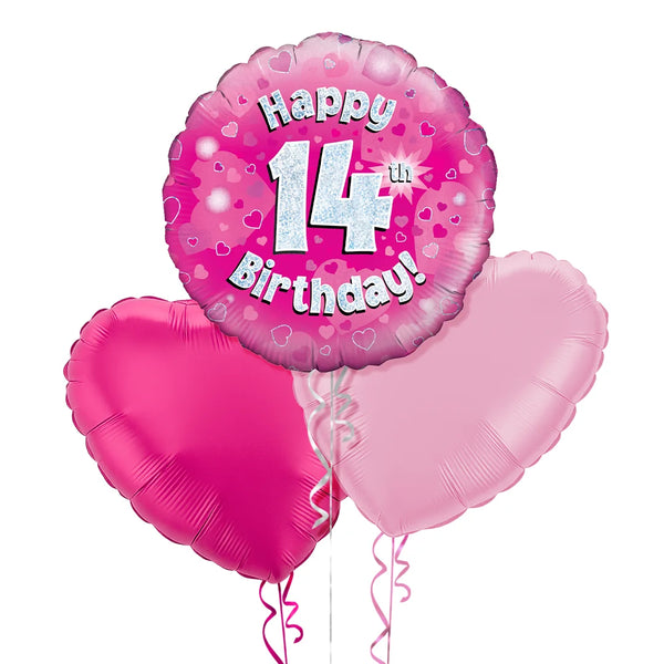 Happy Birthday 14th Pink Foil Balloon Bouquet