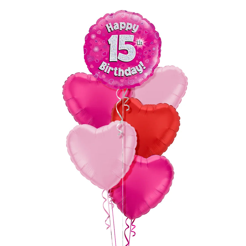 Happy Birthday 15th Pink Foil Balloon Bouquet