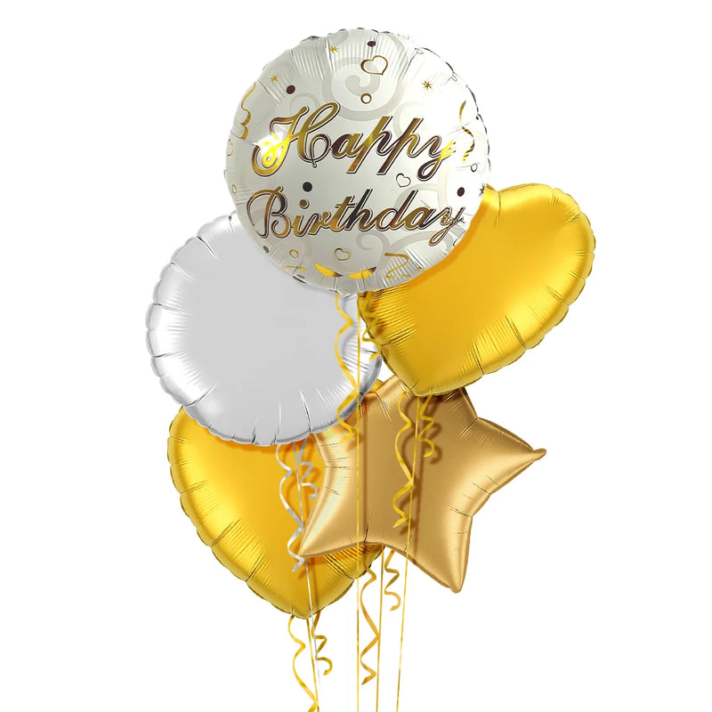 Happy Birthday Classy Gold and White Balloon Bouquet