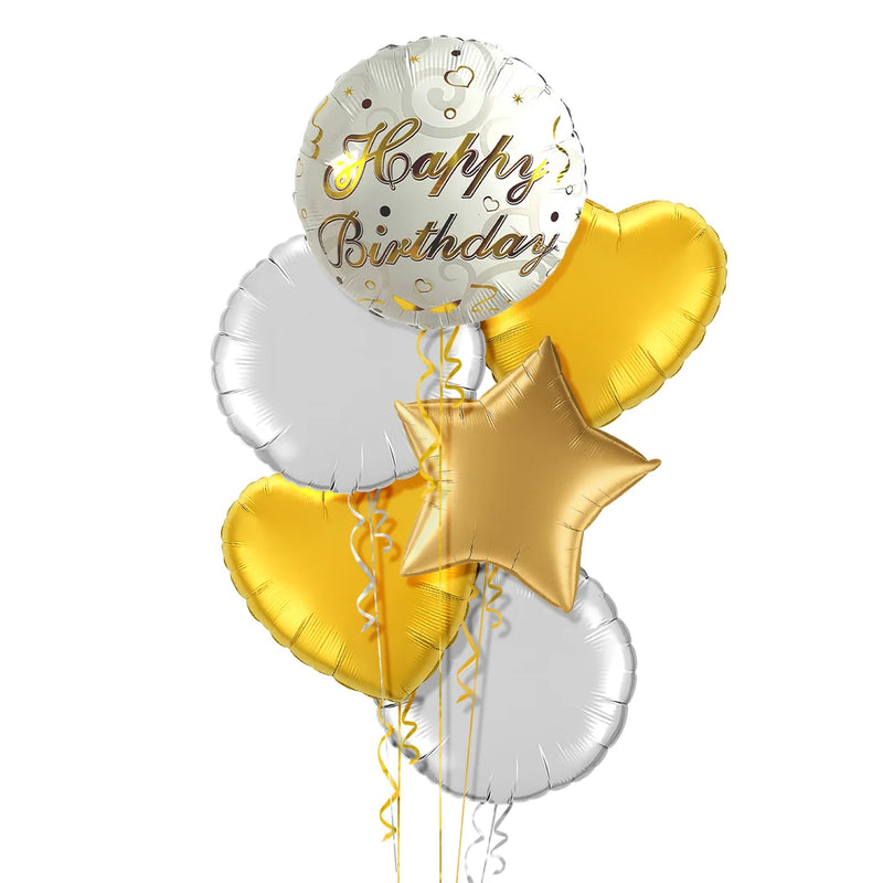 Happy Birthday Classy Gold and White Balloon Bouquet