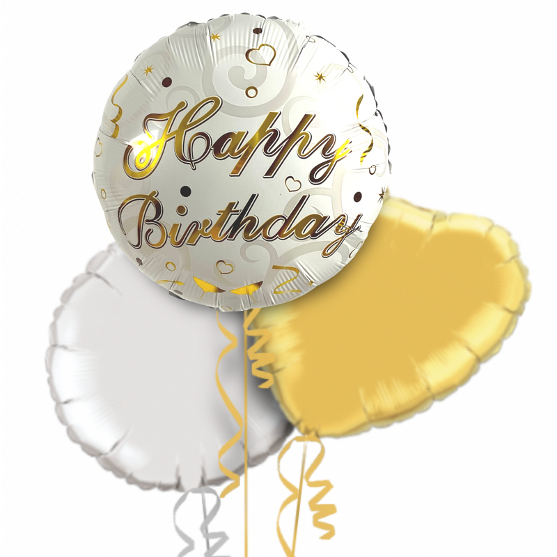 Happy Birthday Classy Gold and White Balloon Bouquet