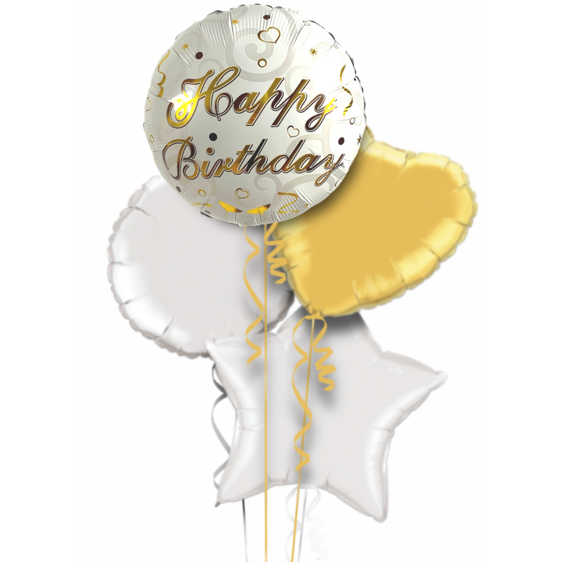 Happy Birthday Classy Gold and White Balloon Bouquet