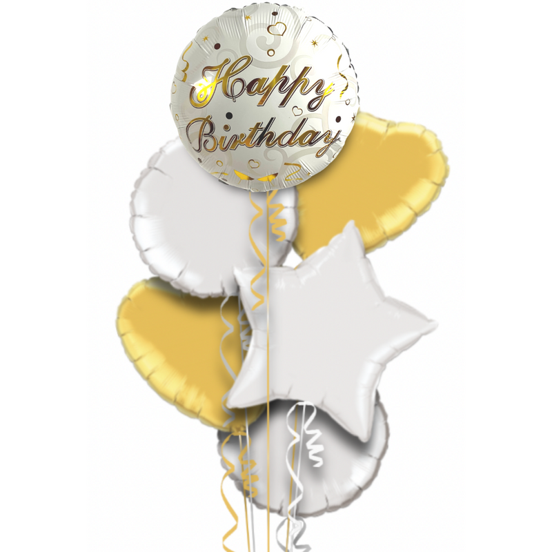 Happy Birthday Classy Gold and White Balloon Bouquet