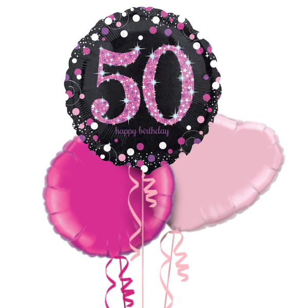 Happy 50th Birthday Pink and Gold Holographic Balloon Bouquet