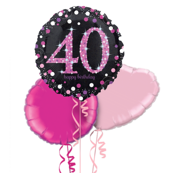 Happy 40th Birthday Pink and Black Holographic Balloon Bouquet