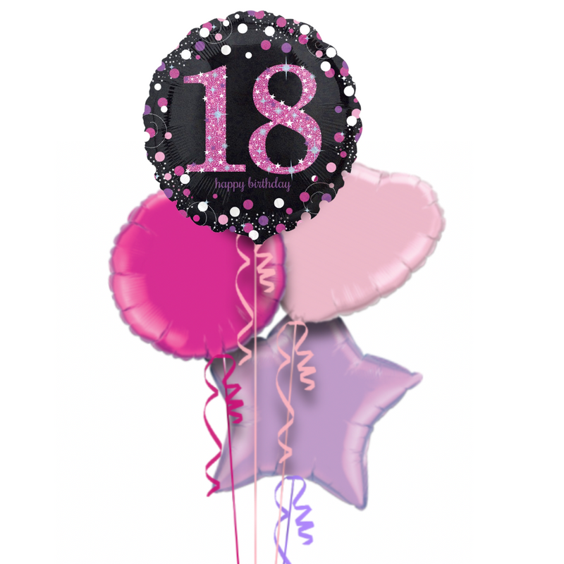 Happy 18th Birthday Pink and Black Holographic Balloon Bouquet